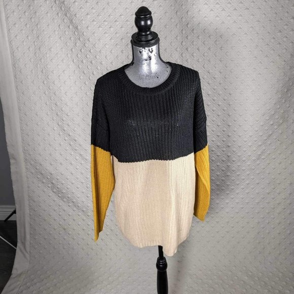 NWT Evelyn Taylor | Black & Mustard Color Block Sweater - L - Picture 1 of 3